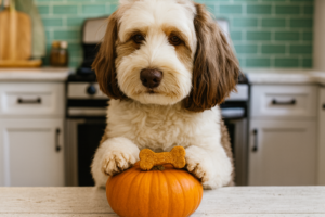 Labradoodle with white and brown fur sits in a kitchen holding a small pumpkin with a bone-shaped dog treat on it.