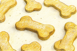 Getekende illustratie van botvormige hondenkoekjes op een lichte achtergrond, goudbruin van kleur en licht bestoven met meel.