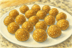 Schetsmatige weergave van ronde, lichtbruine hondensnacks met havermout op een wit bord, geplaatst op een aanrecht.