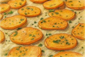 Pasteltekening van gebakken zoeteaardappelschijfjes op bakpapier, bestrooid met verse groene kruiden.